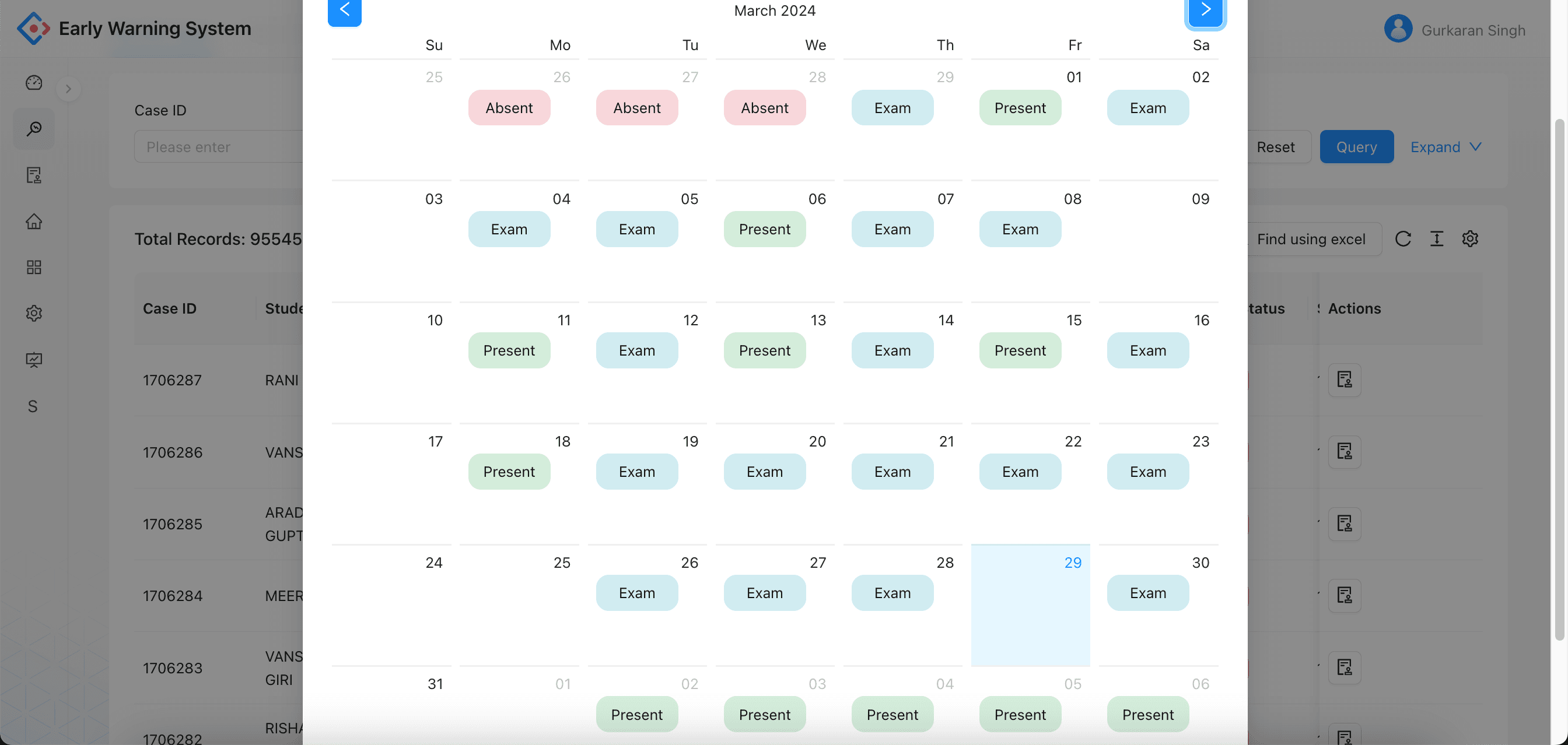 Student Attendance Calendar View
