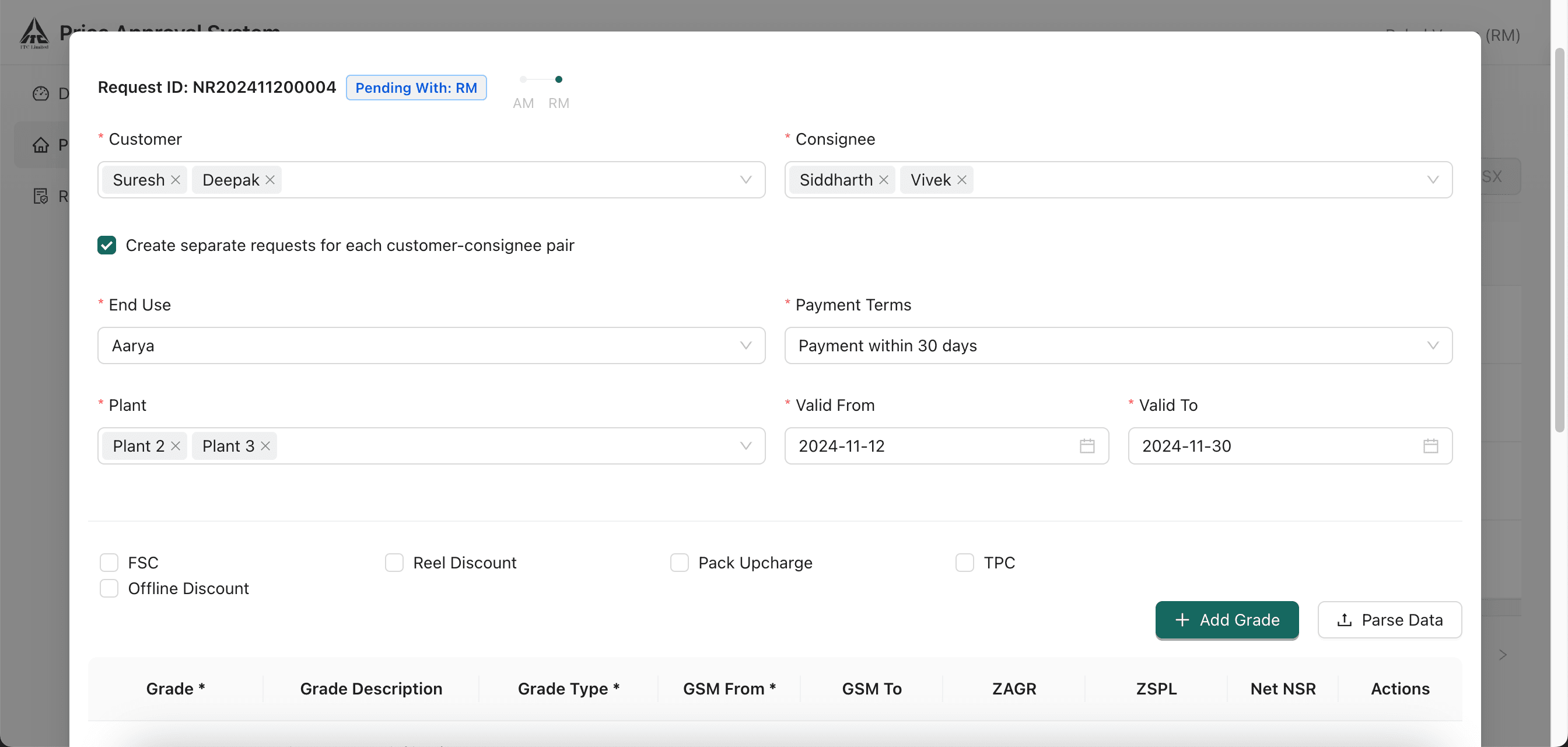 Price Approval Request Creation Interface
